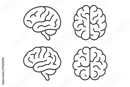 Brain line icon set. Human mind & neurology symbol. Concepts for neuroscience, psychology, intelligence, memory, idea, learning, thinking. Editable stroke vector cartoon.