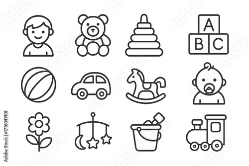 Childhood line icon set. Baby and kid toy collection. Vector outline symbols for kindergarten: teddy bear, train, car, rocking horse, alphabet blocks. Editable stroke.