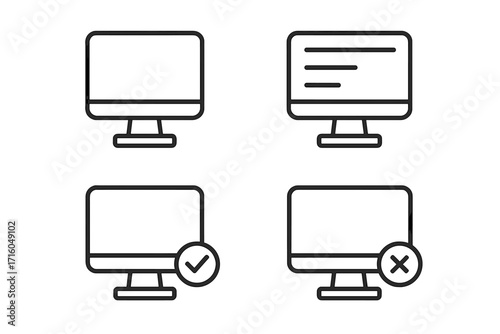 Computer screen thin line icon set. Vector pictogram collection with editable stroke. Check mark for success or approved and cross for error, failure or rejected status.