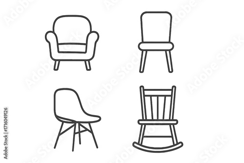Furniture line icon set. Chair, armchair, rocking chair collection. Home decor outline pictograms. Editable stroke vector for UI, web, app. Interior design symbols.