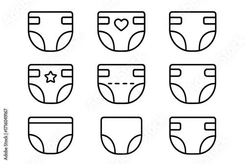 Diaper icon set for baby care and newborn hygiene. Nappy symbol collection for UI, UX design. Simple outline pictogram pack. Editable stroke vector graphic illustration.
