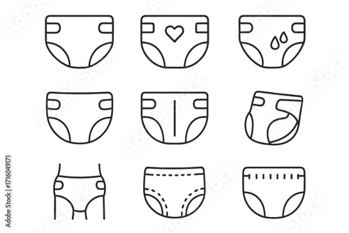 Diaper and nappy simple line icon set. Baby care, hygiene, and newborn essentials concept. Vector collection of absorbent, disposable, and wet diaper symbols. Editable stroke.