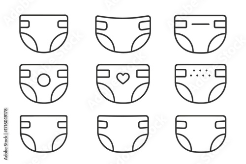 Diaper line icon set. Baby care hygiene symbol collection. Newborn infant nappy pictogram pack. Vector outline illustration for web, ui, ux design elements. Editable stroke.