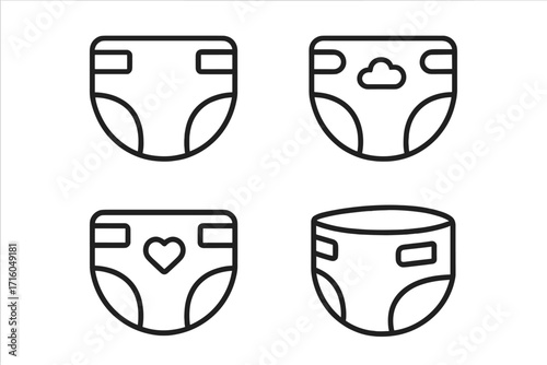 Diaper line icon set. Baby and toddler hygiene concept. Absorbent nappy and pull-up pictogram collection. Simple vector symbols for newborn care, suitable for web, UI, and apps. Editable stroke.