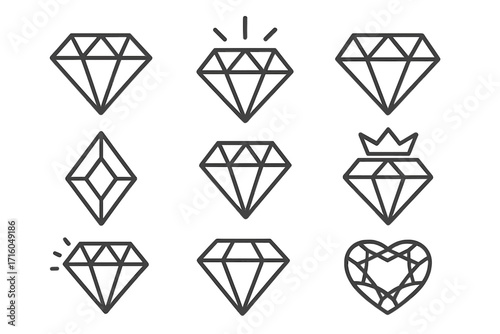 Diamond line icon collection. Vector set of gems, jewelry, and crystal symbols. Includes shiny, sparkling, heart, and crown diamond shapes for luxury and quality concepts.