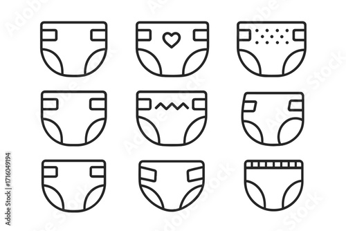 Diaper and nappy line icon set. Baby care and newborn hygiene concept. Absorbent and disposable toddler nappies vector symbols collection for web, apps, and print design.