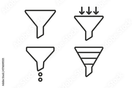Funnel line icon set. Sales and marketing funnel for lead generation and conversion. Data filtering and processing stages. Editable stroke vector infographic elements.