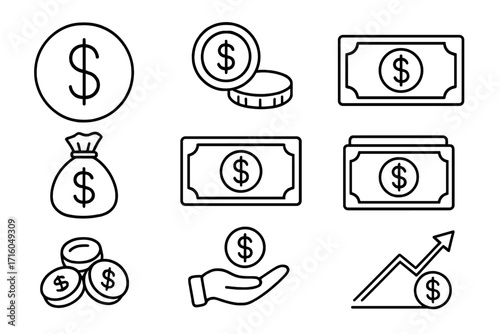 Money icon set outline vector. Finance, banking, and dollar concept. Line art illustration. Cash, coin, banknote, payment symbols. Economy, savings, investment, growth sign.