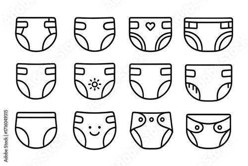 Diaper line icon set. Baby nappy vector collection. Simple outline symbol for newborn care, infant hygiene. Editable stroke pictogram for web, apps. Parenting concept design.