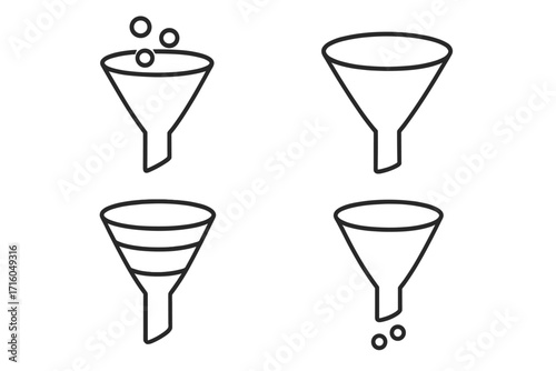 Sales funnel icon set for marketing. Lead generation, customer journey metaphor. Concept of data filtering, conversion process, and purchase stages. Vector line icons.