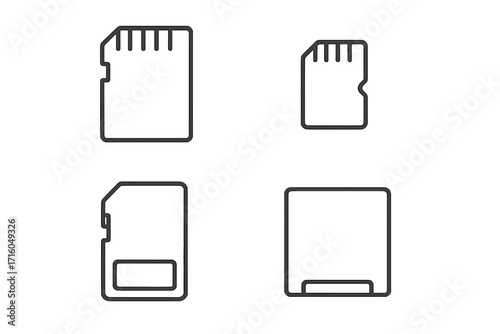 Memory card and flash drive line icon set. SD card, micro SD, and data storage symbol collection. Editable stroke vector for web, apps. Digital technology concept.