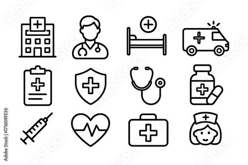 Medical and healthcare thin line icon set. Hospital, doctor, ambulance, and medicine symbols. Vector icons for clinic, emergency, pharmacy, and patient care concepts.