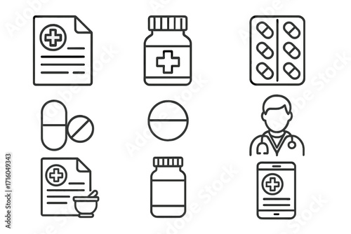 Medical pharmacy thin line icon set. Healthcare, doctor, prescription, medicine, pills, bottle, online consultation symbols. Vector icons with editable stroke for app and web design.