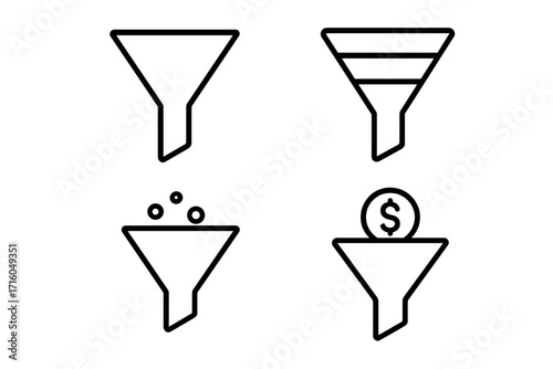 Sales funnel vector icon set. Marketing conversion process, lead generation stages, and data filtering concept. Business monetization and analysis outline symbols collection.