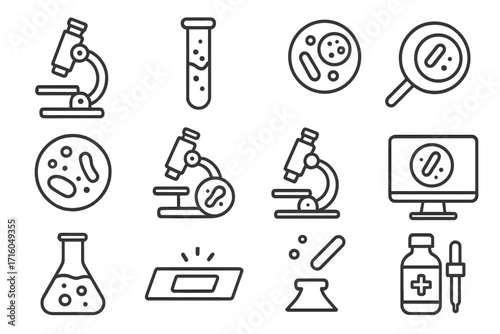 Science research line icon set. Microscope, test tube, petri dish for biology and chemistry lab. Medical analysis, scientific experiment vector symbols. Editable stroke.