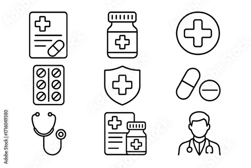 Medical icon set. Healthcare vector line icons. Pharmacy, doctor, prescription, medicine, pills, treatment symbols. Hospital, clinic, first aid, and health insurance concepts.
