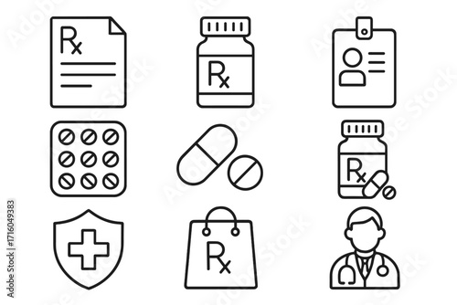 Medical and pharmacy line icon set. Healthcare, prescription drugs, and doctor symbols. Pill bottle, capsule, tablet, Rx sign. Thin vector icons for web, app, infographic.