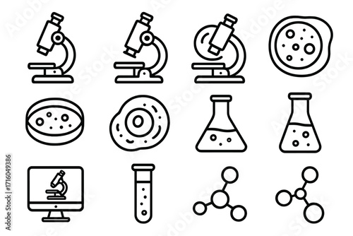 Science lab & research line icon set. Microscope, petri dish, test tube, flask, molecule, and cell icons. Biology and chemistry experiment and analysis vector symbols.
