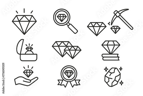 Diamond icon set. Jewel and gem concepts. Vector line icons for mining, quality check, engagement ring, award, wealth, luxury, and precious stone. Editable stroke.