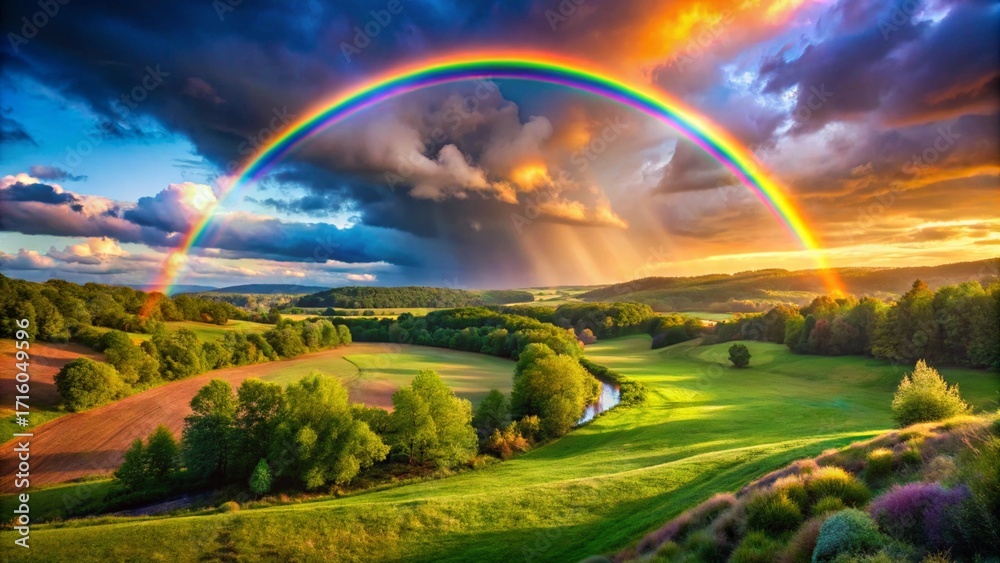Obraz premium Vivid Rainbow Over a Lush Green Valley at Sunset Showcasing Nature's Beauty and Peaceful Harmony Amidst a Dramatic Sky