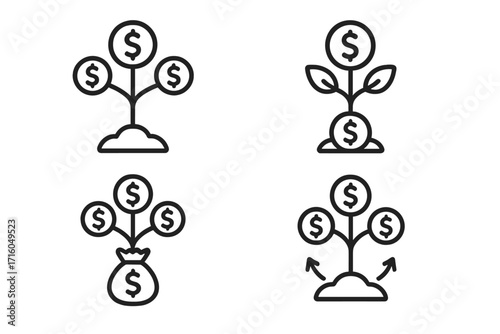 Set of money tree line icons. Financial growth, investment, and wealth concept. Symbols for profit, savings, return on investment (ROI), business, and economic success.