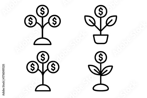 Money tree vector line icon set. Concept of financial growth, investment, savings, and profit. Growing plant with dollar coins for wealth, business success, and finance.