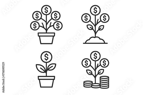 Money tree line icon set. Financial growth and investment concept. Business success, savings, and wealth symbol. Growing plant with dollar coins for profit, revenue and banking.