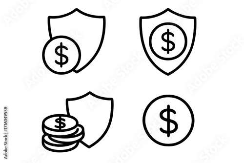 Money protection shield line icon set. Financial security and insurance concept. Dollar coin symbol for investment, savings, and wealth safety. Editable stroke vector.