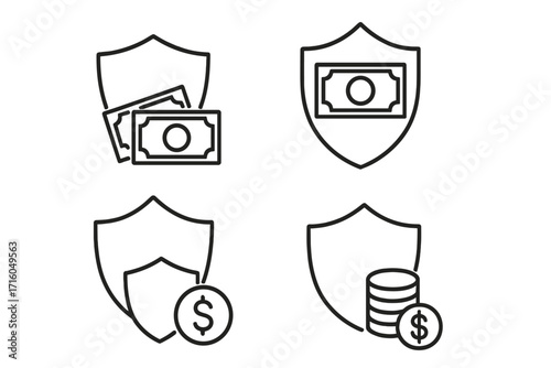 Money protection shield icon set. Financial security and insurance concept. Secure payment, investment safety, savings guarantee line art icons. Vector illustration, editable stroke.