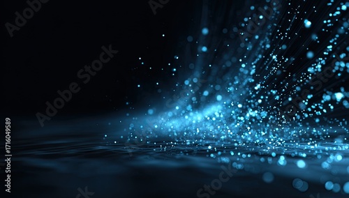 Abstract Blue Light Particles Flowing Across Dark Background.