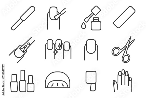 Manicure and pedicure line icon set. Nail care, beauty salon, and nail polish vector symbols. Includes file, scissors, UV lamp. Editable stroke for web and apps.