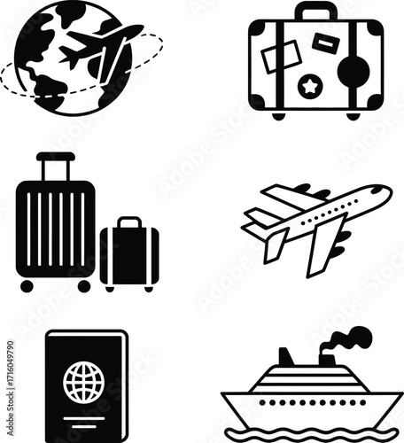 Travel vacation planning concept with airplane globe cruise ship and luggage vector icons design 100c