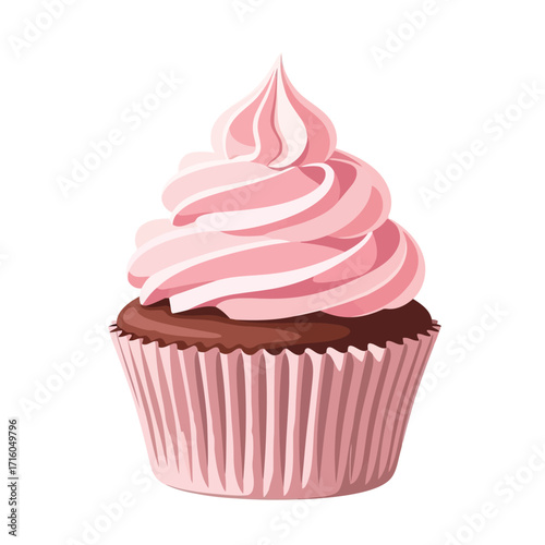 Vector illustration of a delicious chocolate cupcake with pink frosting, vector illustration of
