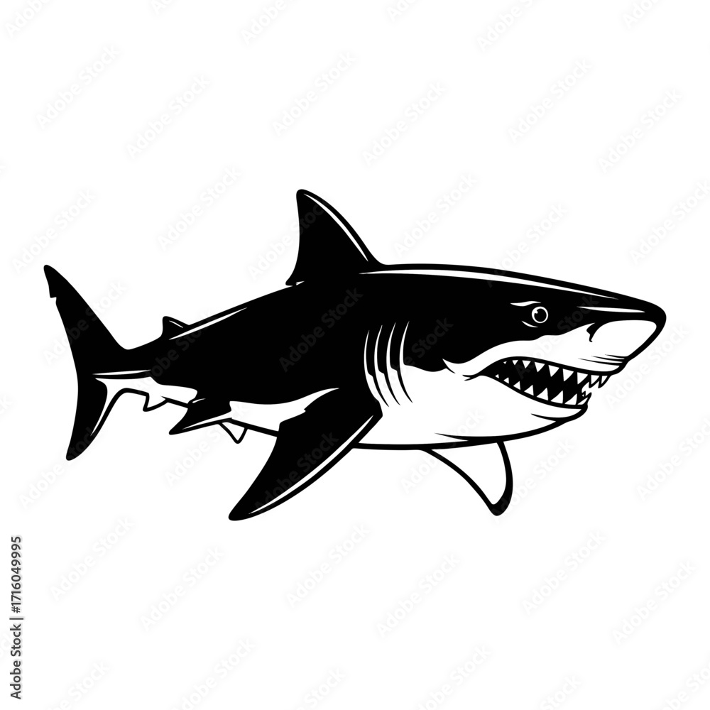 Fototapeta premium Black and white vector illustration of the prehistoric fish Megalodon. Plain white background.