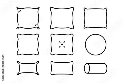 Pillow and cushion outline icon set. A simple vector collection of various pillow shapes for home decor, comfort, bedding, and sleep concepts. Line art illustration.