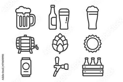 Beer icon set for brewery and pub. Vector line art collection of alcohol drink signs. Includes mug, bottle, glass, barrel, hop, can, and tap. Editable stroke symbols.