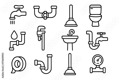 Plumbing service line icon set. Sanitary engineering and pipeline repair tools. Vector collection of water pipe, faucet, sink, toilet, wrench, and plunger symbols.