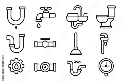 Plumbing service outline icon set. Vector symbols for plumber work, water pipe repair, sanitary engineering. Includes faucet, toilet, sink, wrench, valve and drain icons.