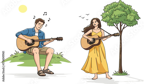 Acoustic guitar duo, outdoor music, sunny day, barefoot performance, nature background, peaceful vibe, musical notes, casual jam, artistic lifestyle, harmony