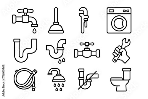 Plumbing service line icon set. Plumber tools, pipes, and bathroom fixtures collection. Vector icons for sanitary work, water leak repair, pipeline maintenance. Editable stroke.