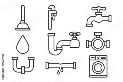 Plumbing service outline icon set. Plumber tools and equipment. Water pipe repair, leak, faucet, valve, wrench, plunger vector line symbols for infographics. Editable stroke.
