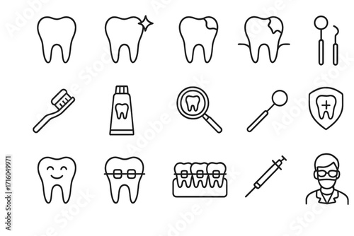 Dentistry line icon set. Dentist, orthodontics, stomatology symbols. Dental care, oral hygiene, caries treatment, braces. Tooth, toothbrush, paste, tools vector icons.