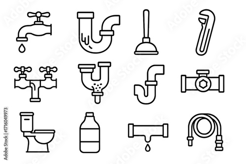 Plumbing service line icon set. Plumber tool collection with pipe, toilet, faucet, wrench, drain cleaner. Sanitary engineering outline symbols. Editable stroke vector icons.