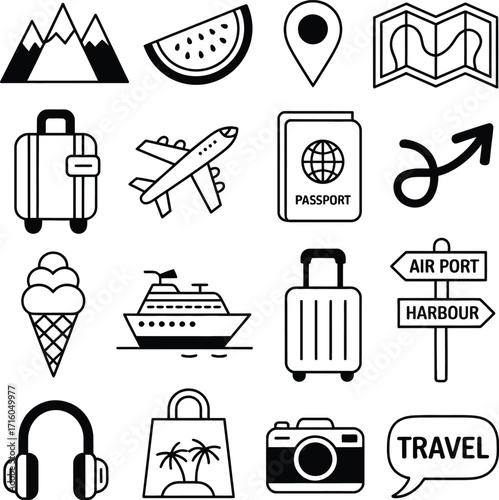 Travel icons vector illustration for summer vacation trip planning and tourism adventure concept design