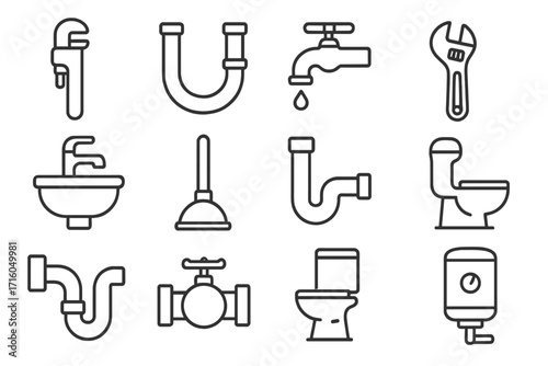 Plumbing service line icon set collection. Sanitary engineering outline icons. Pipe, wrench, faucet, sink, toilet, plunger, valve, boiler. Vector for bathroom repair.
