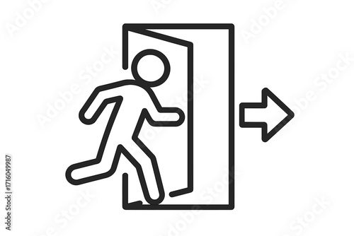 Exit symbol icon. Emergency evacuation sign. Man running to a door. Arrow showing the way out. Safety and escape concept. Linear vector graphic illustration isolated.
