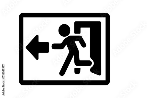 Emergency exit sign vector icon. Running man pictogram showing the way out. Safety symbol for evacuation and fire escape. Linear illustration of a person and arrow.