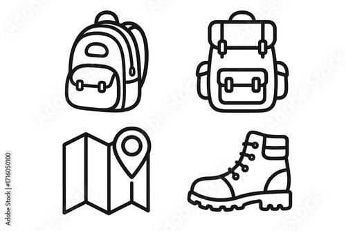 Hiking and camping trip line icon set. Outdoor adventure and travel equipment symbols. Backpack, trekking boot, navigation map with pin. Editable stroke vector illustration.