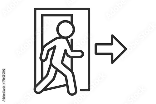 Exit sign symbol with a running person. Emergency exit door icon. Man in a doorway with an arrow. Evacuation route sign. Way out concept. Safety pictogram for warning. Vector.