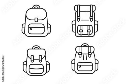 Backpack outline icon set for hiking, travel, and school. Vector collection of rucksack, knapsack, and schoolbag symbols. Linear pictogram for trekking and camping gear.